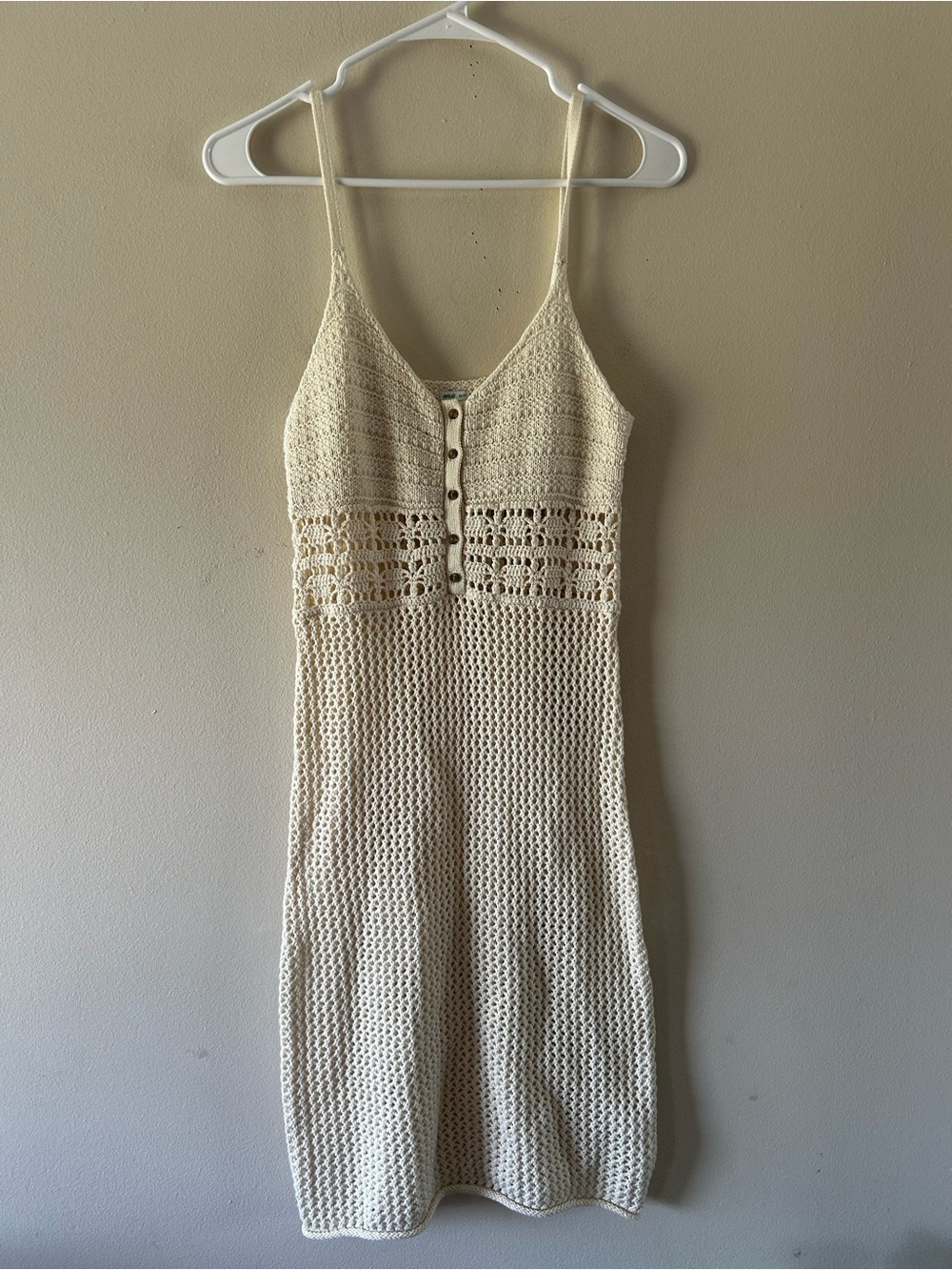 Aerie Cream Crochet Knit Button-Front Slip Dress